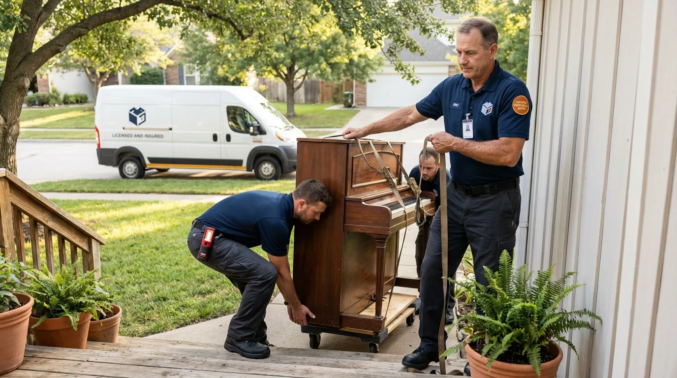 Licensed piano movers securing grand piano in Berkley, MA
