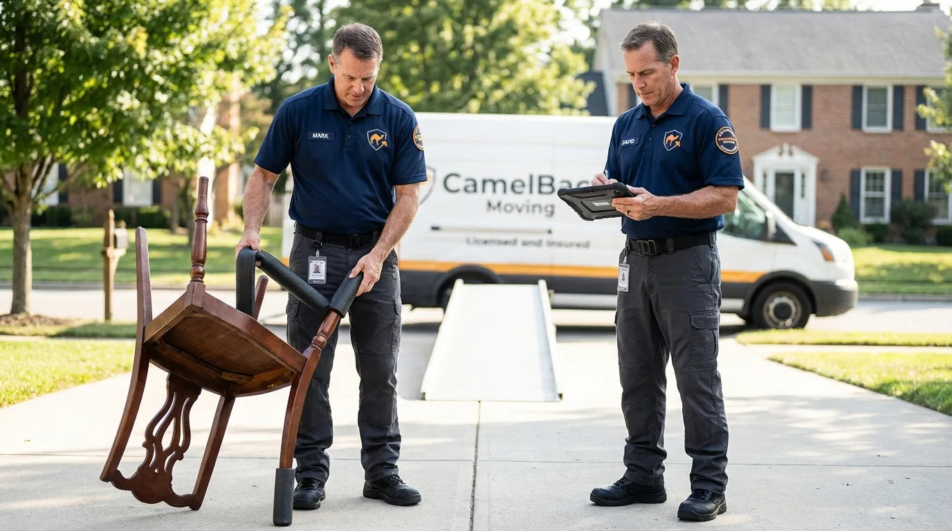 Movers inspecting furniture for damage prevention before loading in Berkley, MA
