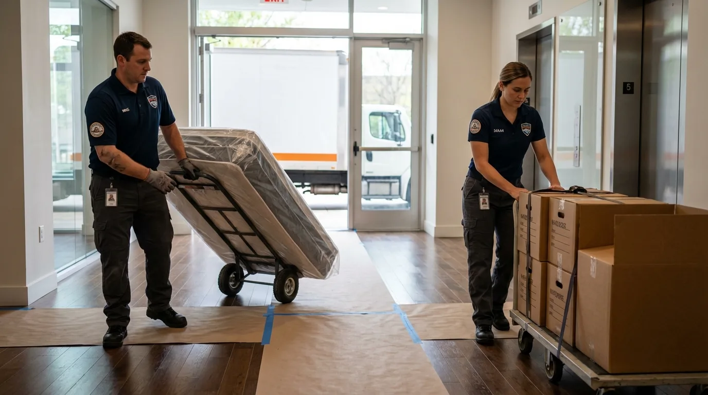 Professional apartment movers loading elevator in Berkley, MA
