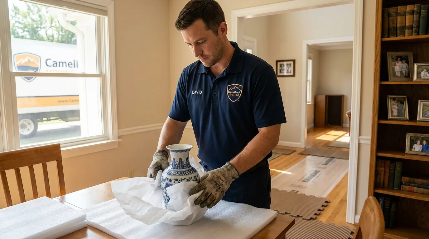 Professional crew carefully wrapping antique vase for senior downsizing move in Berkley, MA