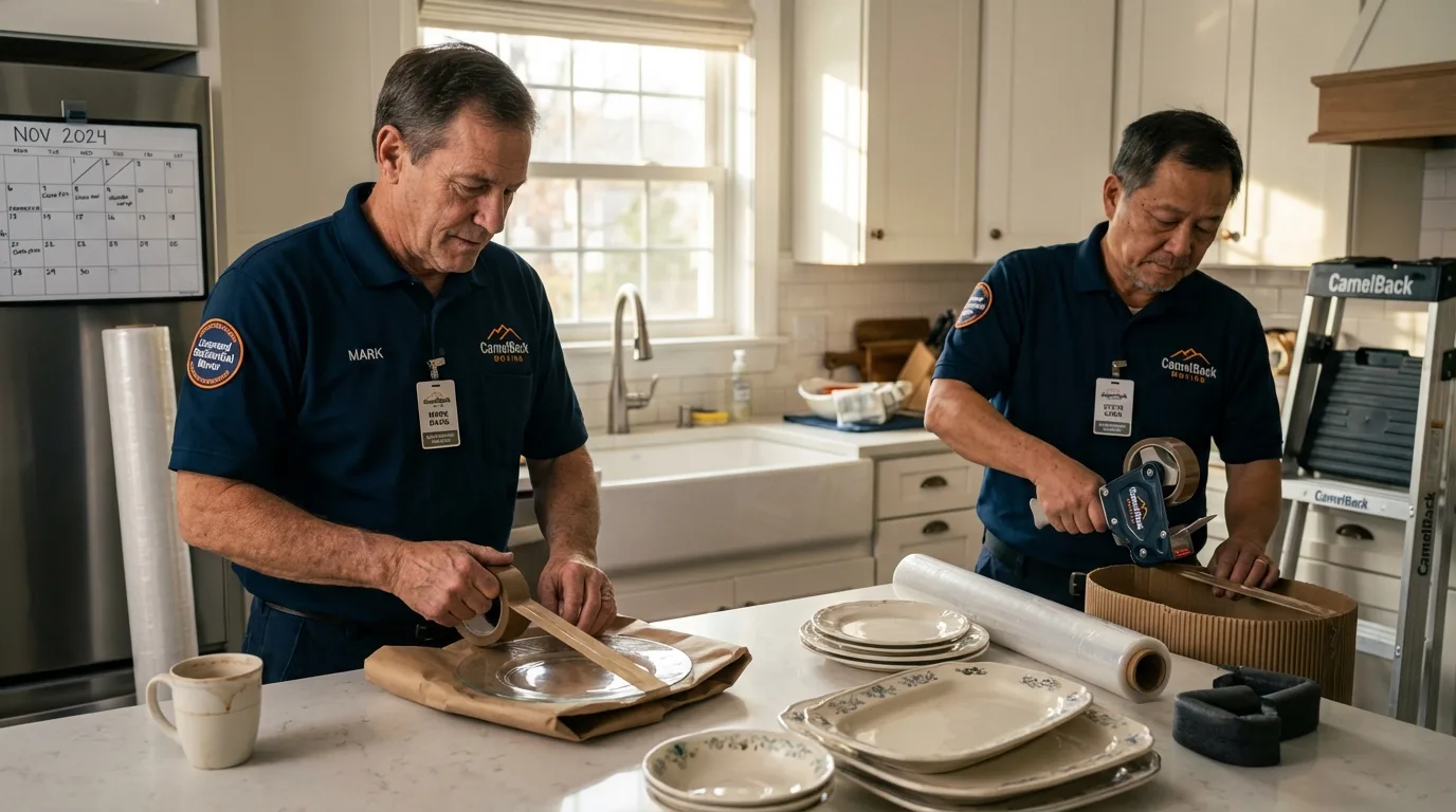 Professional crew packing kitchen dishware in Berkley, MA